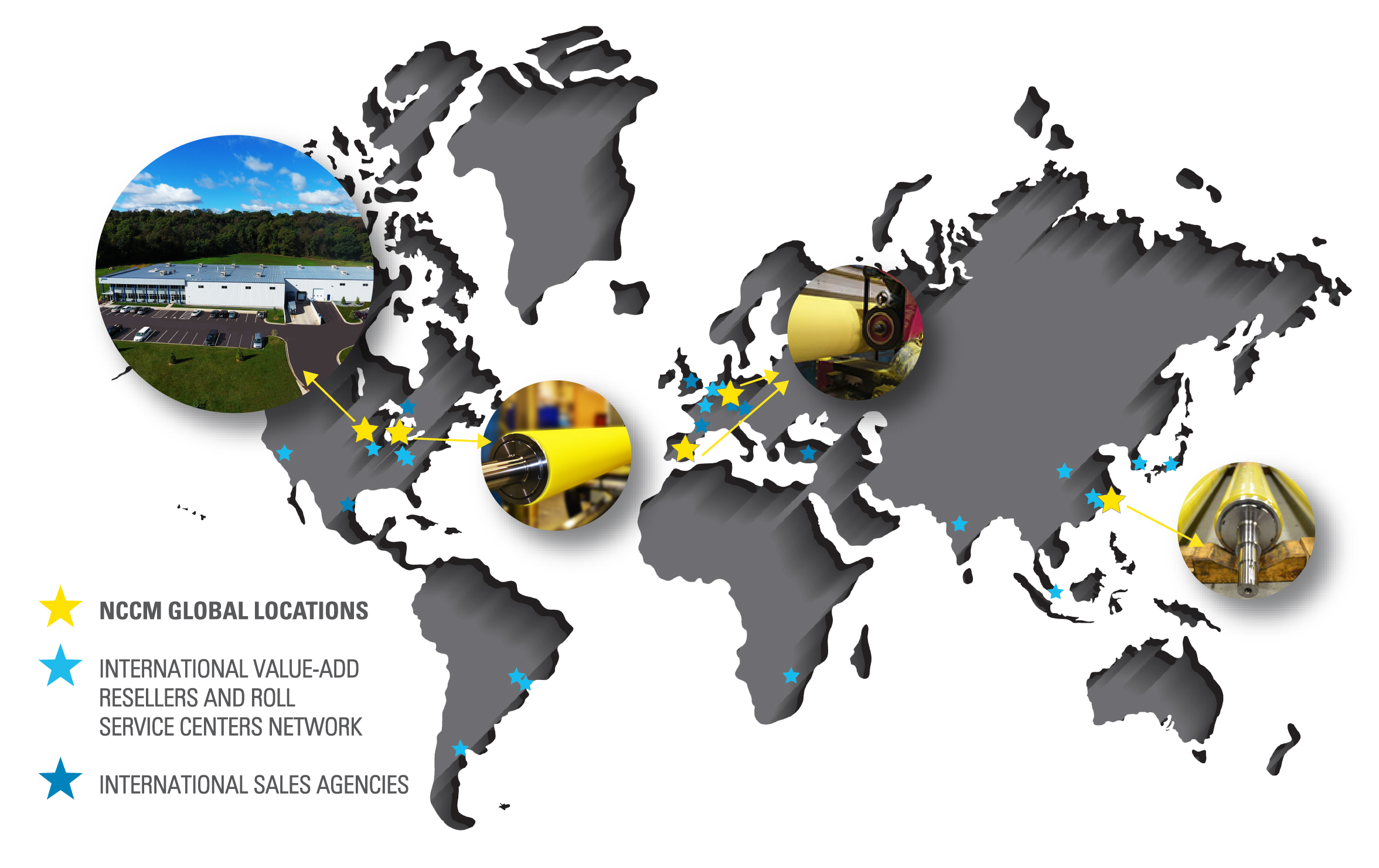 World map showing NCCM Company, value-added reseller and roll service center locations