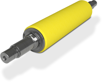 Perspective view of an NCCM<sup>®</sup> Premier Yellow nonwoven roll on a metal shaft.