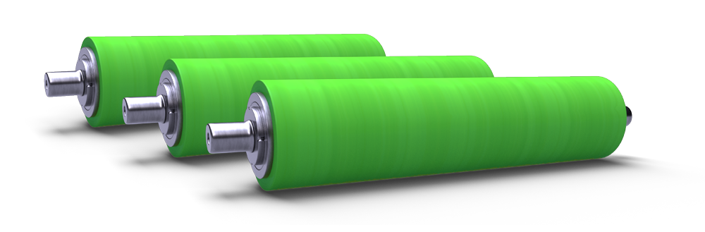 Perspective view of three NCCM<sup>®</sup> RU nonwoven table and deflector rolls on metal shafts