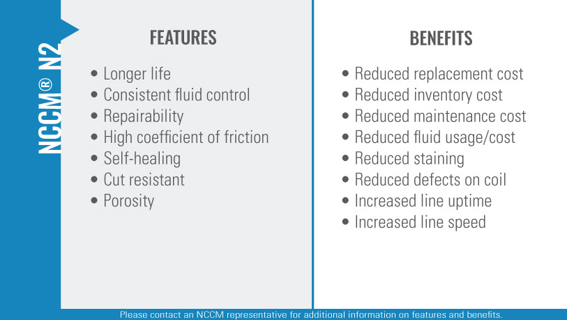 Chart listing the features and benefits of the NCCM<sup>®</sup> N2 nonwoven roll."