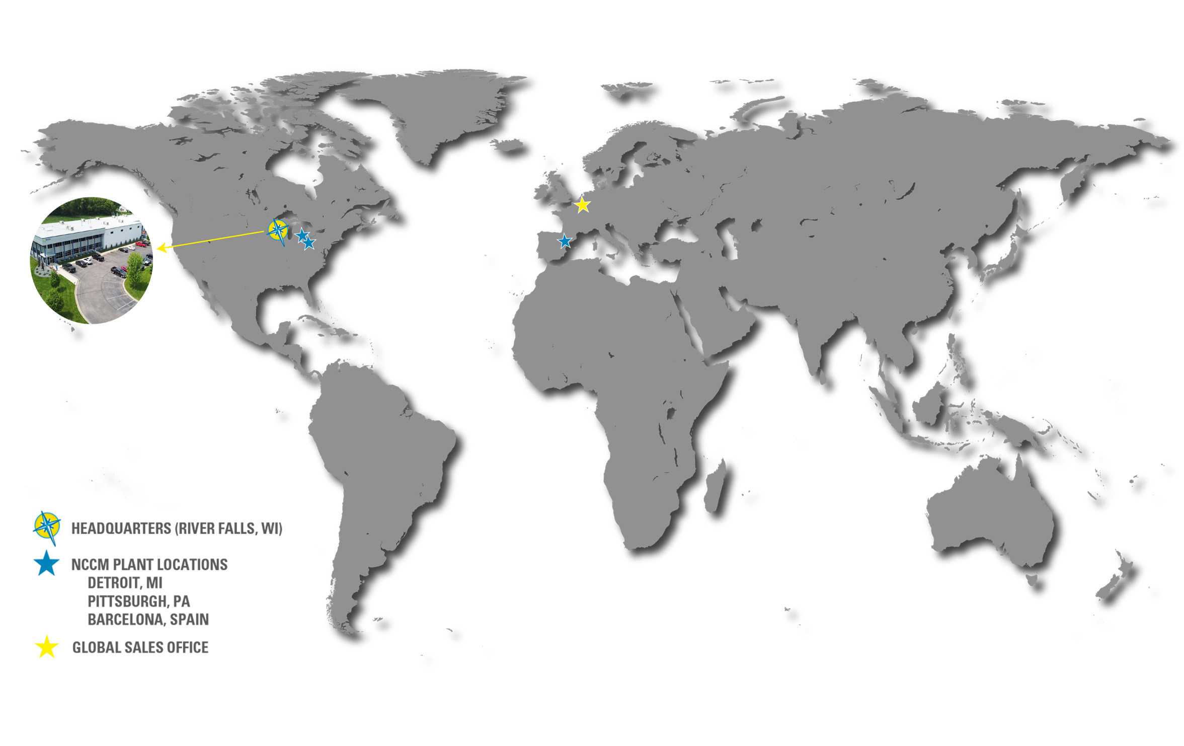 World map showing NCCM Company, value-added reseller and roll service center locations