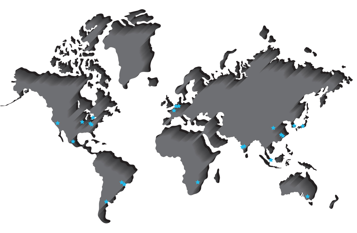 World map showing the locations of NCCM value-add resellers and roll service centers around the globe