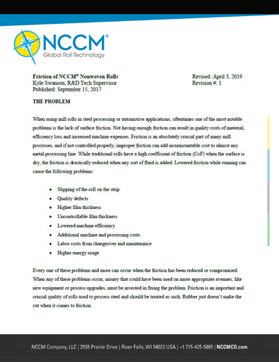 First page of Friction of NCCM<sup>®</sup> Nonwoven Rolls white paper